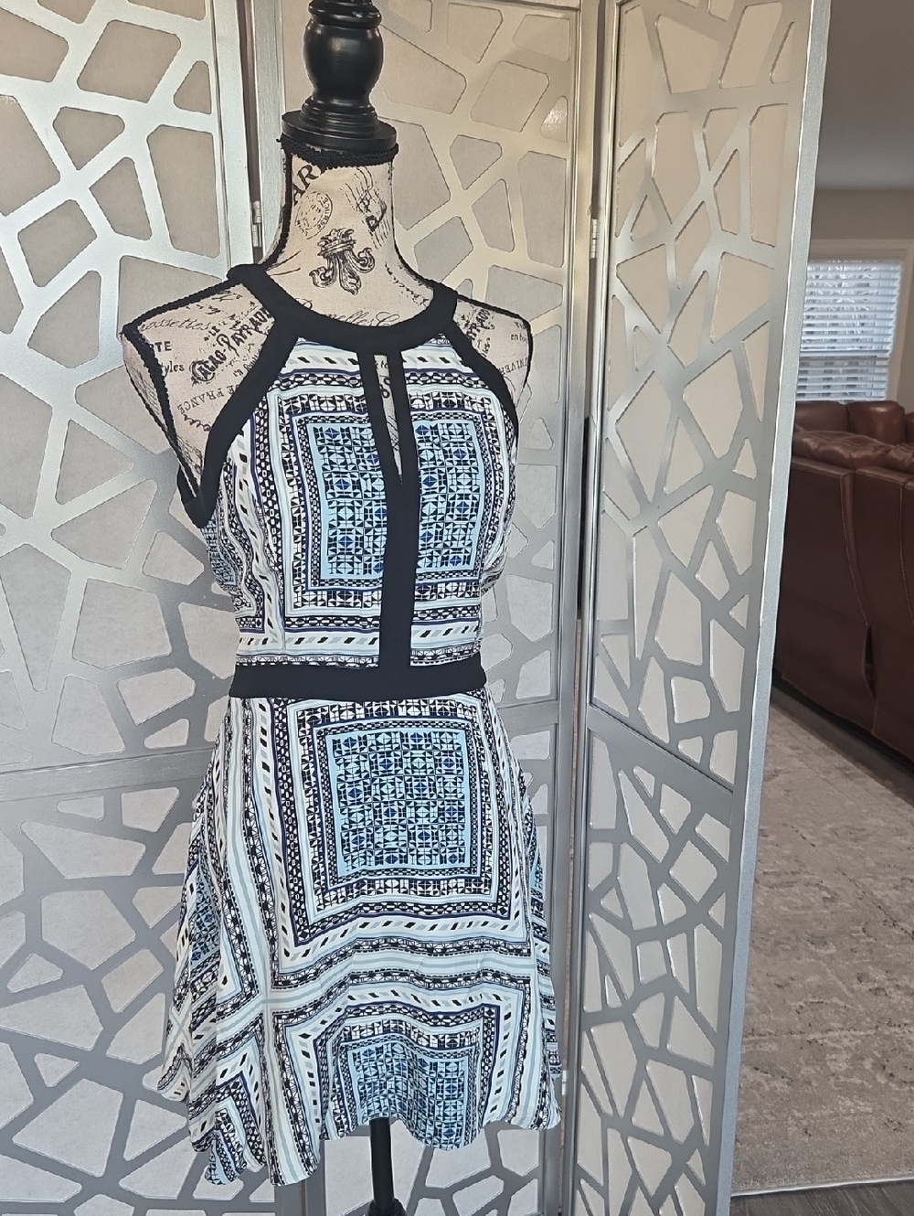 Parker Black-Trim Blue & White Patterned Halter Fit & Flare Dress